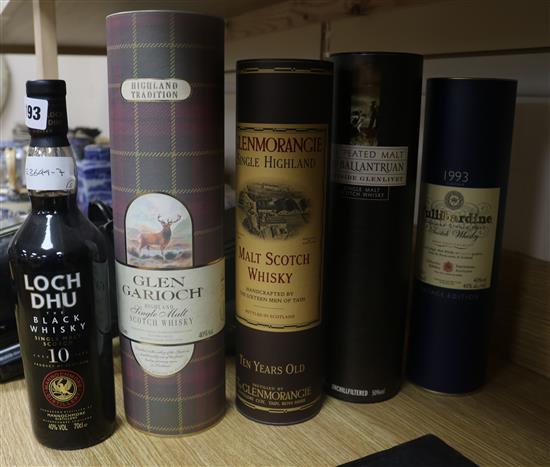 Five assorted bottles of whisky: Loch Dhu 10yo, Glenmorangie 10yo, Old Ballantruan,